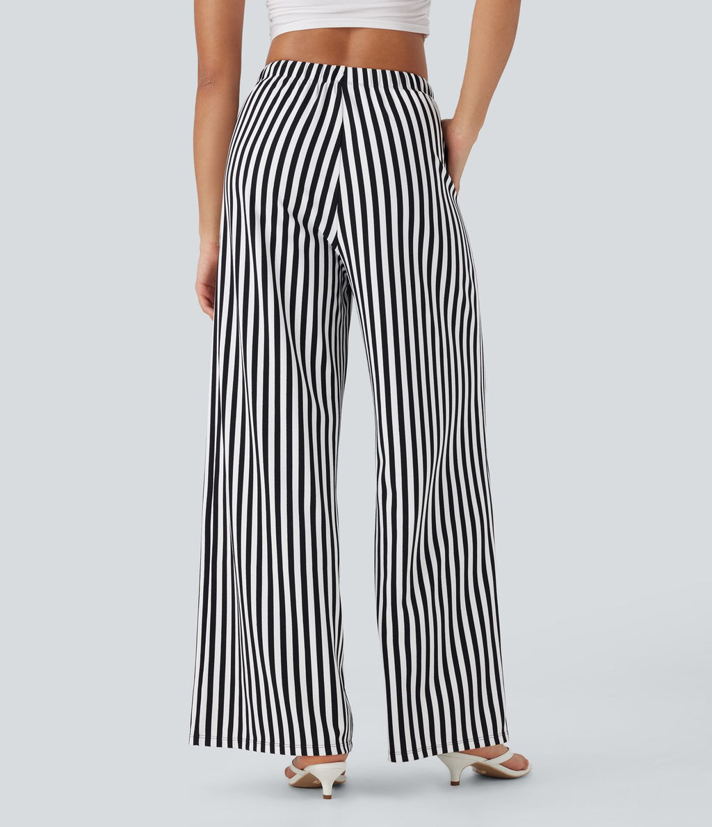Pantalon de vacances jambes larges taille haute en tissu gaufré à rayures avec cordon de serrage et poches