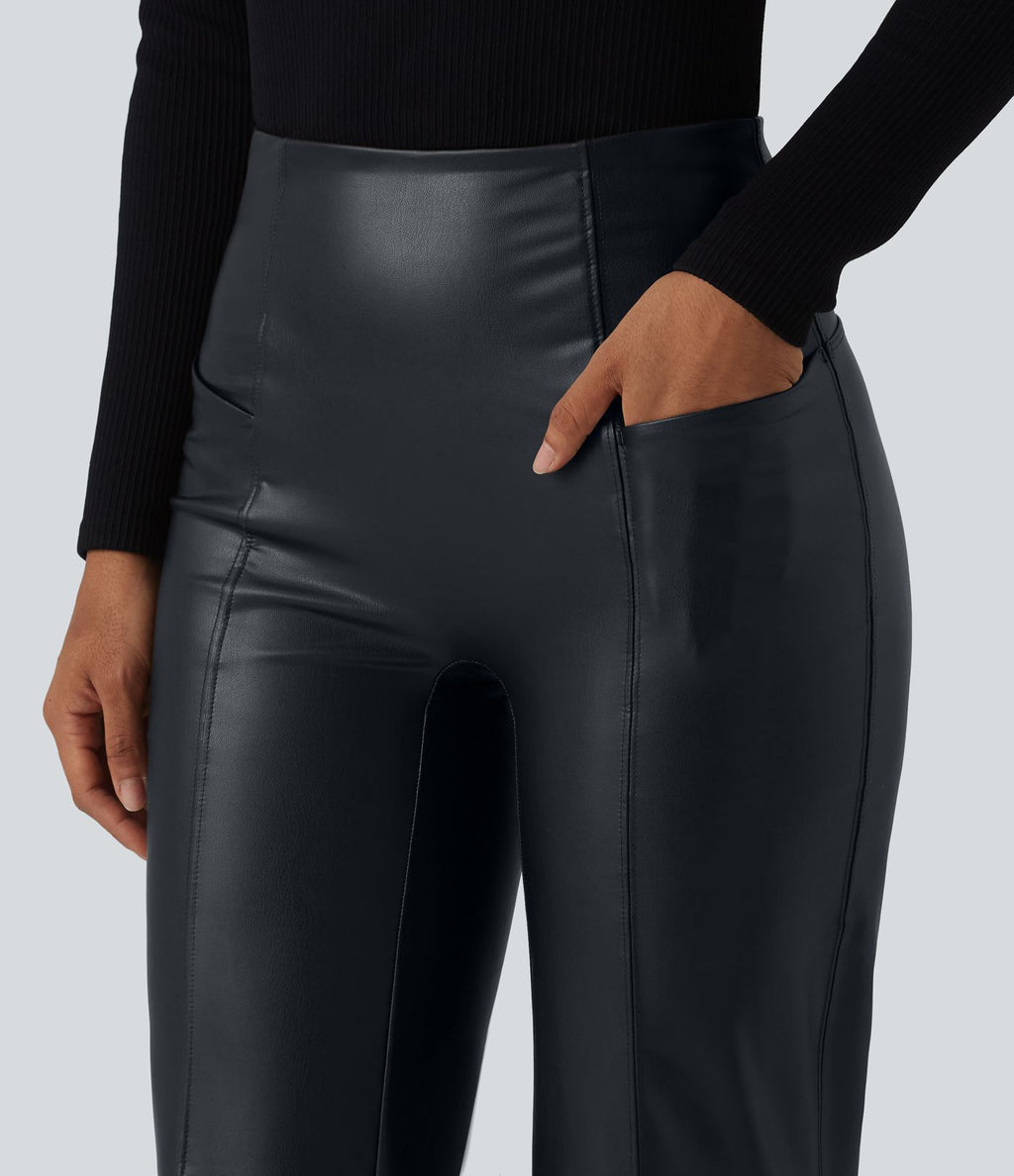 Pantalon casual évasé gainant taille haute en simili cuir extensible avec poches