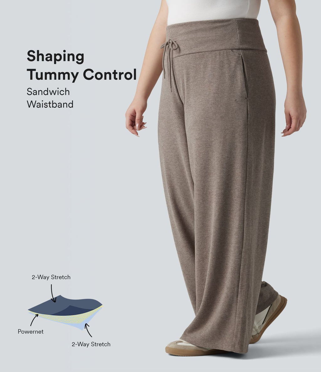 Grande taille Pantalon casual large taille haute ventre plat en maille côtelée, cordon de serrage et poches