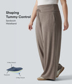 Grande taille Pantalon casual large taille haute ventre plat en maille côtelée, cordon de serrage et poches