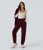 Pantalon décontracté chenille gaufré taille haute avec cordon de serrage et poches