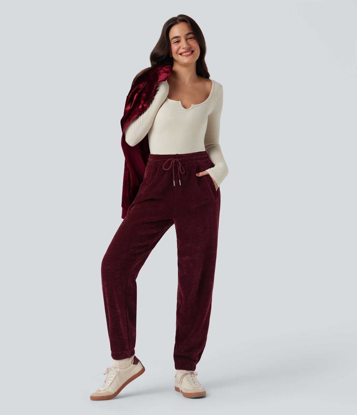Pantalon décontracté chenille gaufré taille haute avec cordon de serrage et poches