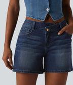 Short asymétrique en jean délavé Halara Flex™ taille basse à poches multiples