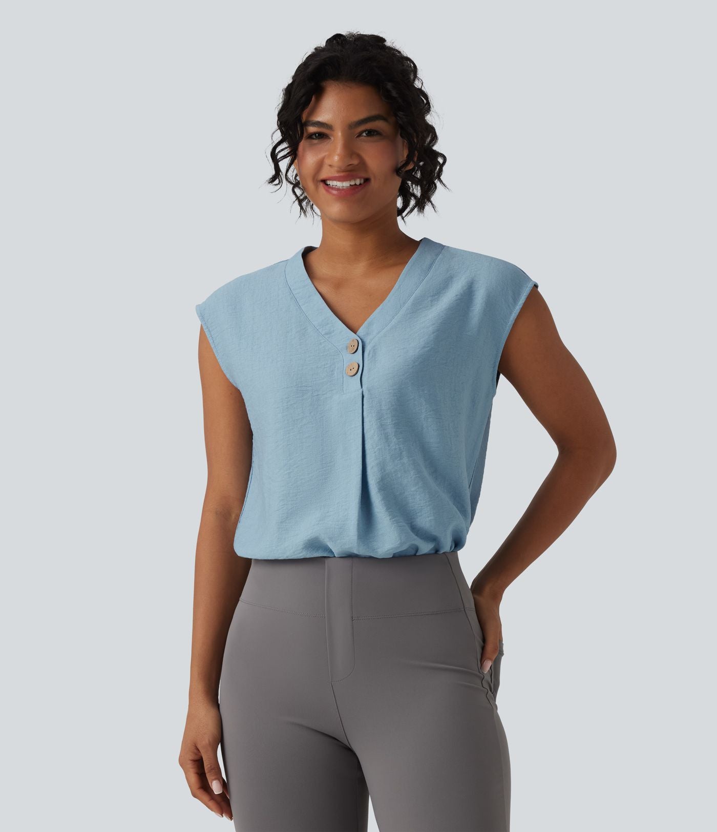 Blouse de Travail Col V Manches Courtes avec Boutons Décoratifs