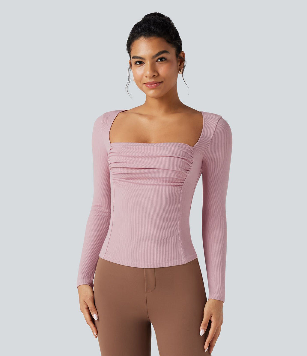 T-shirt tailleur côtelé col carré froncé manches longues