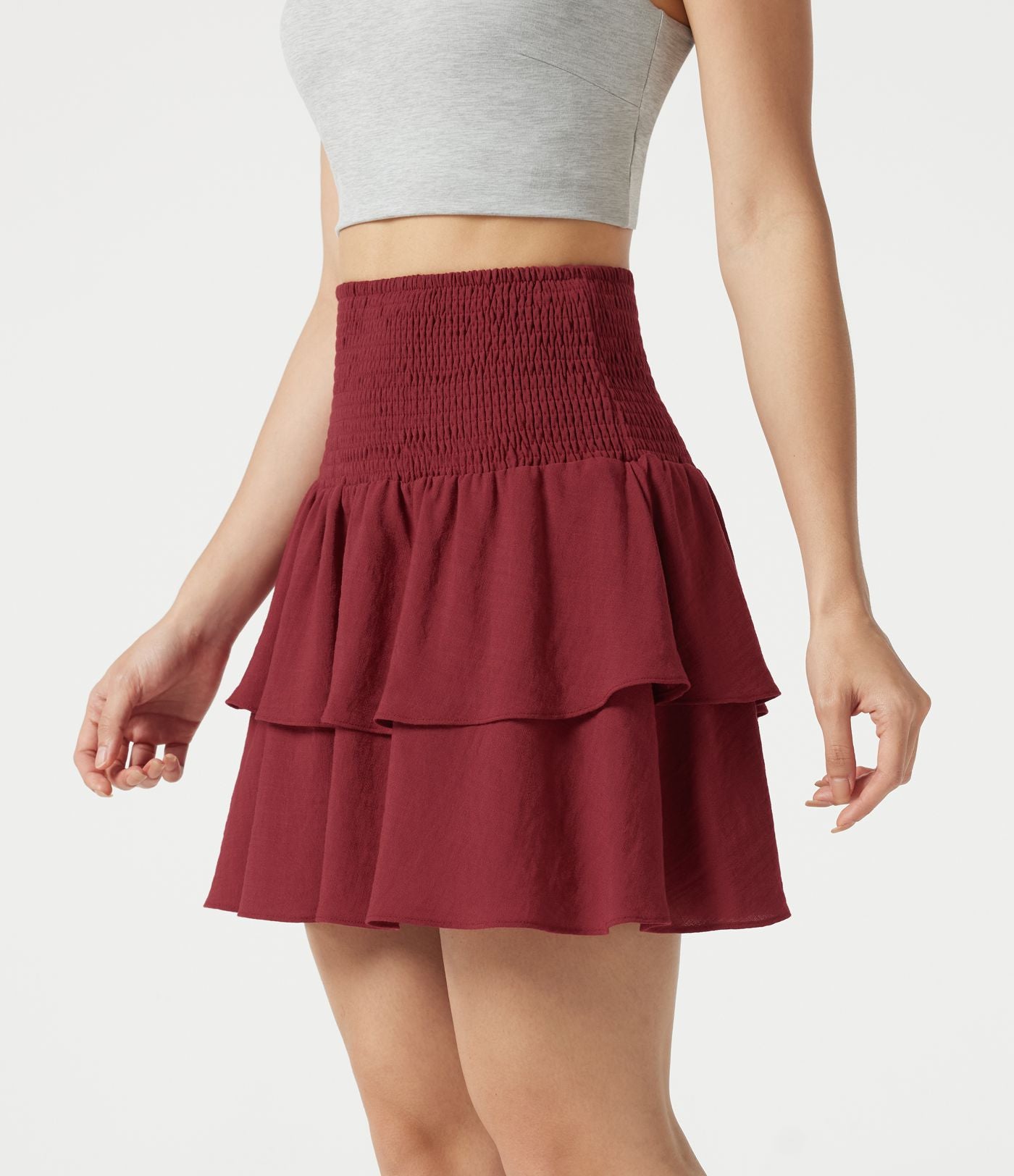 Jupe mini casual taille haute froncée à volants effet lin