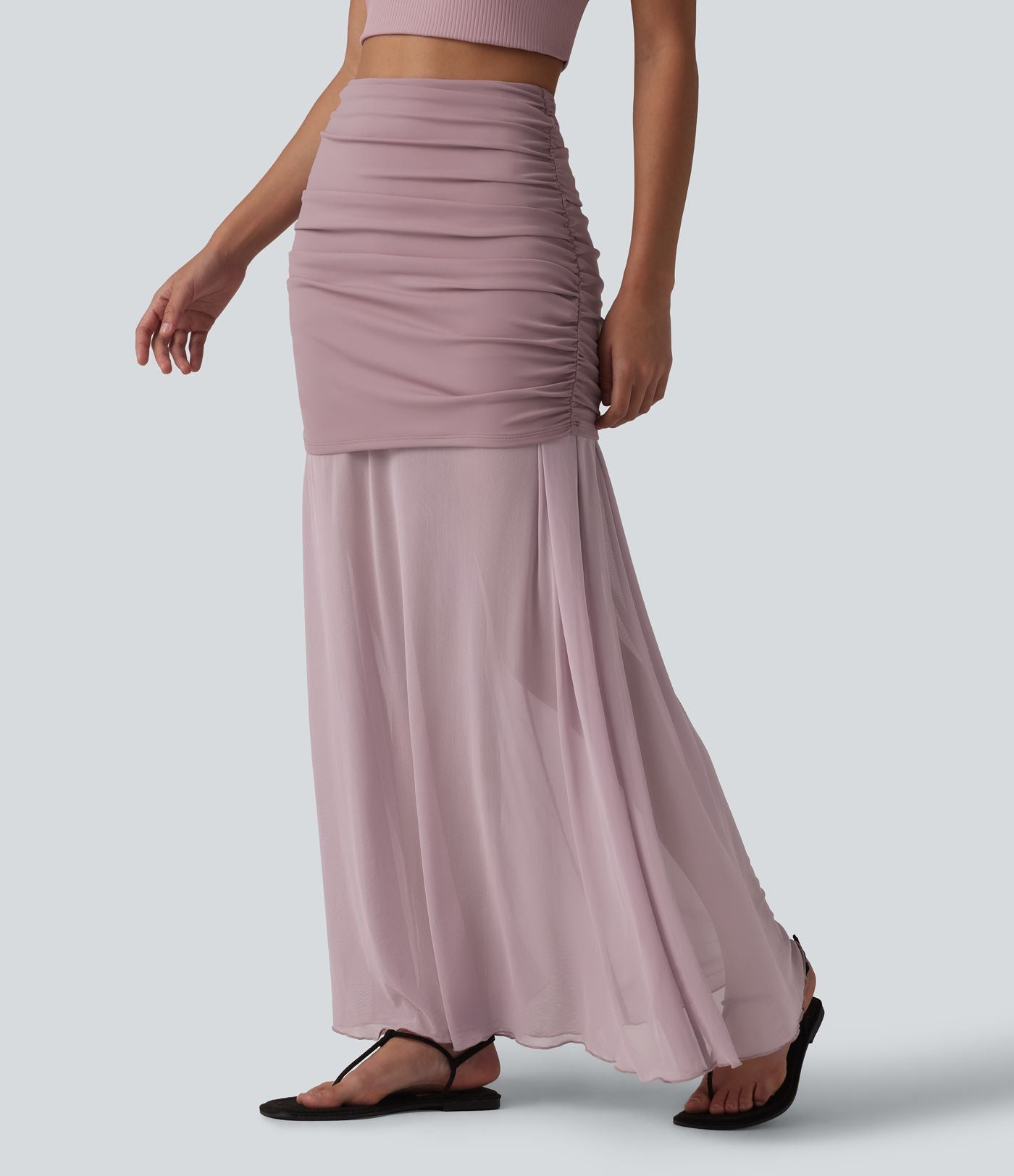 Jupe longue décontractée 2-en-1 taille haute froncée en tulle fluide