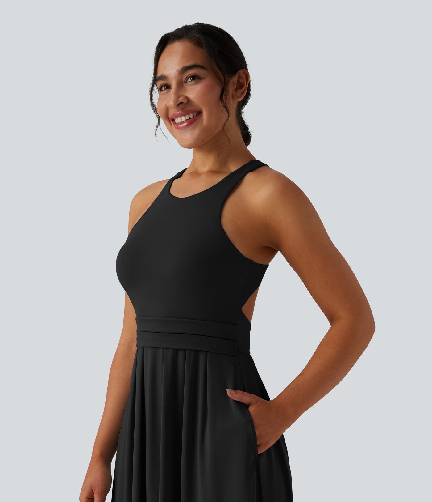 Robe midi décontractée col rond dos nageur avec poches