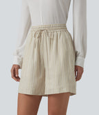 Short tailleur large en lin rayé taille haute avec cordon de serrage et poches