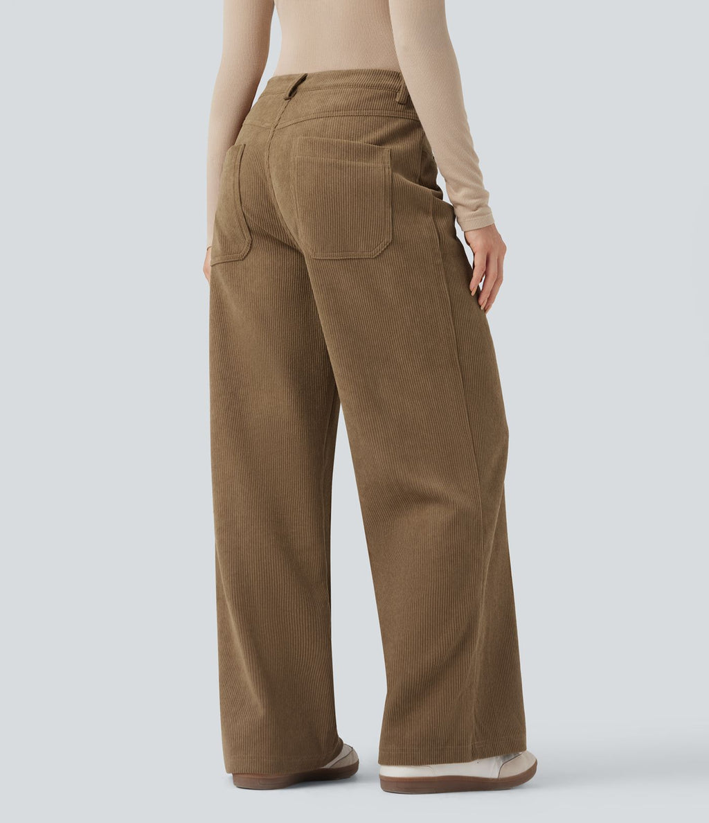 Pantalon large décontracté en velours côtelé taille haute avec poches