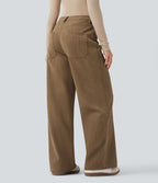 Pantalon large décontracté en velours côtelé taille haute avec poches