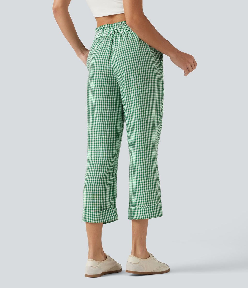 Pantalon 7/8 décontracté aspect lin à carreaux taille haute avec poches