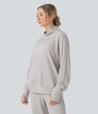 Sweat décontracté oversize col montant manches longues maille gaufrée à trous pouces avec poches