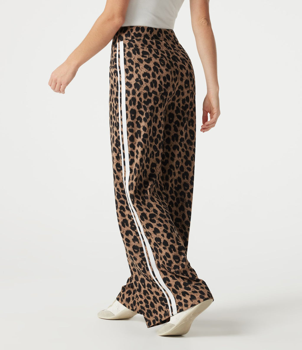 Pantalon léopard décontracté ample color block, taille haute, en tissu gaufré, à poches