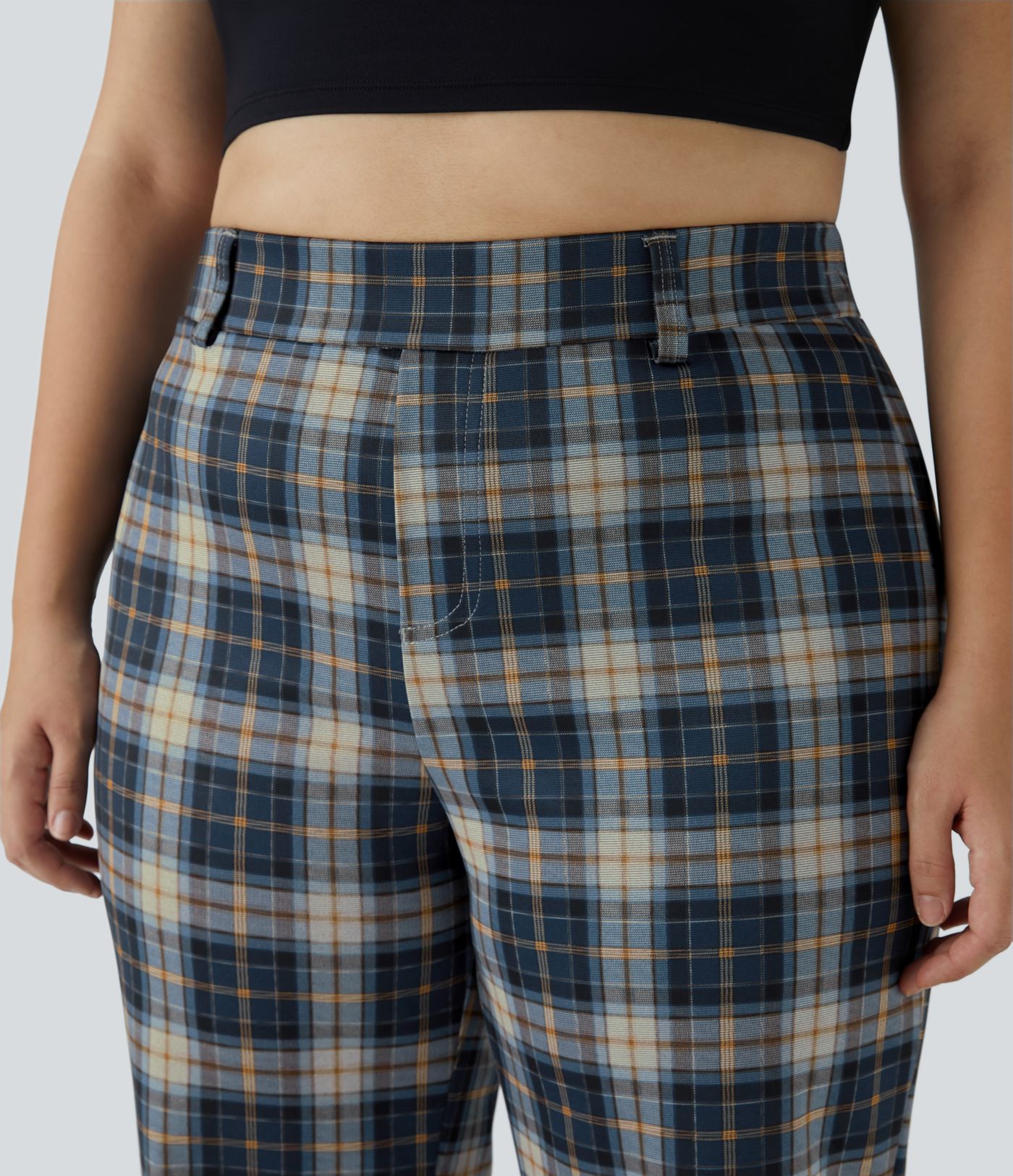 Pantalon Large Casual Taille Haute Carreaux Grande Taille