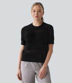 Pull tailleur col rond manches courtes crochet