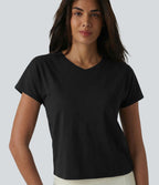 Haut de sport décontracté en coton à manches courtes et col raglan, style yoga, coupe ample, col en V