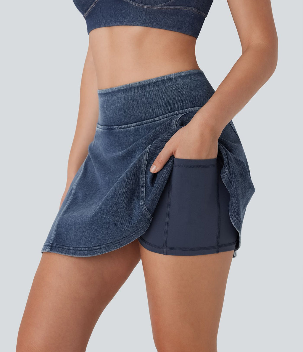 Mini-jupe décontractée Halara Flex™ évasée 2-en-1 taille haute en denim stretch lavé avec poches