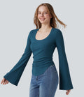 T-shirt en maille côtelée décolleté carré manches à volants froncé ourlet arrondi