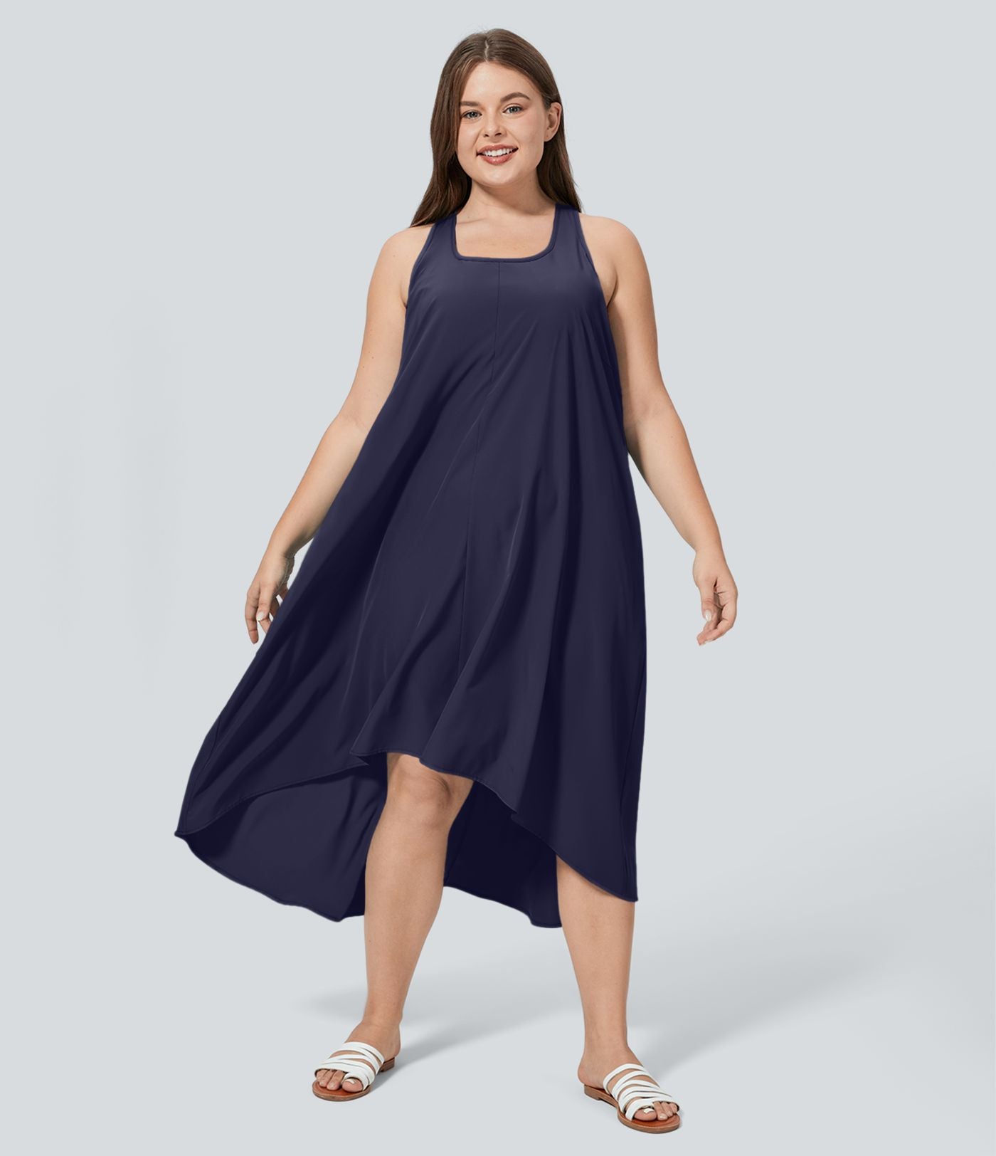 Breezeful™ Dos Nu Racerback Poche Latérale Haut Bas Fluide Midi Séchage Rapide Décontracté Robe Grande Taille