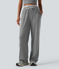 Pantalon de yoga jambes droites taille haute chiné avec double ceinture, cordon de serrage et poches