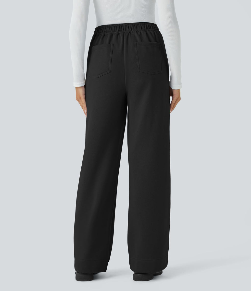 Pantalon Jogging en Fleece Thermique Jambe Droite Boutons Taille Haute Plusieurs Poches