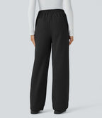Pantalon Jogging en Fleece Thermique Jambe Droite Boutons Taille Haute Plusieurs Poches