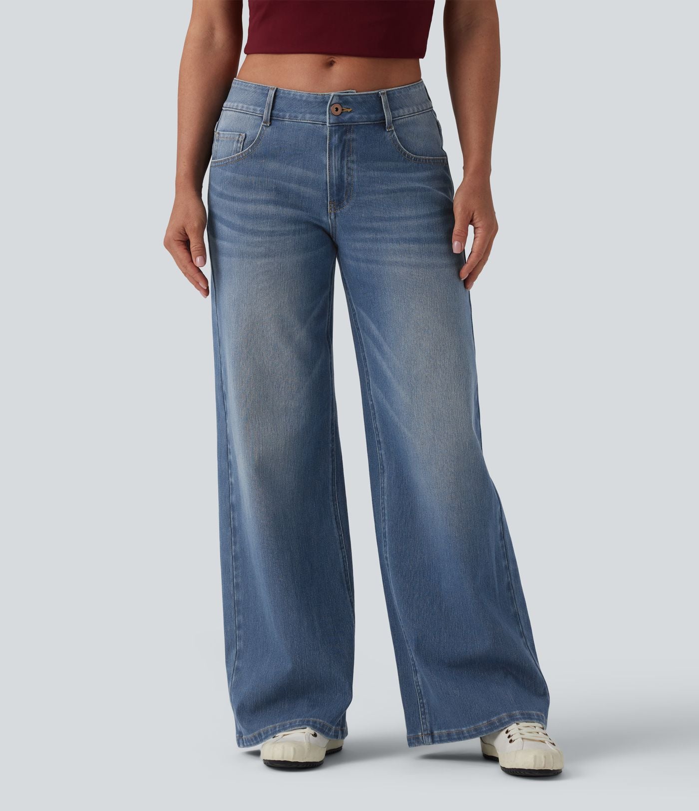 Halara Flex™ Jean Large Casual Taille Basse avec Boutons Zip Multiples Poches Lavés Élastiques et Tricotés