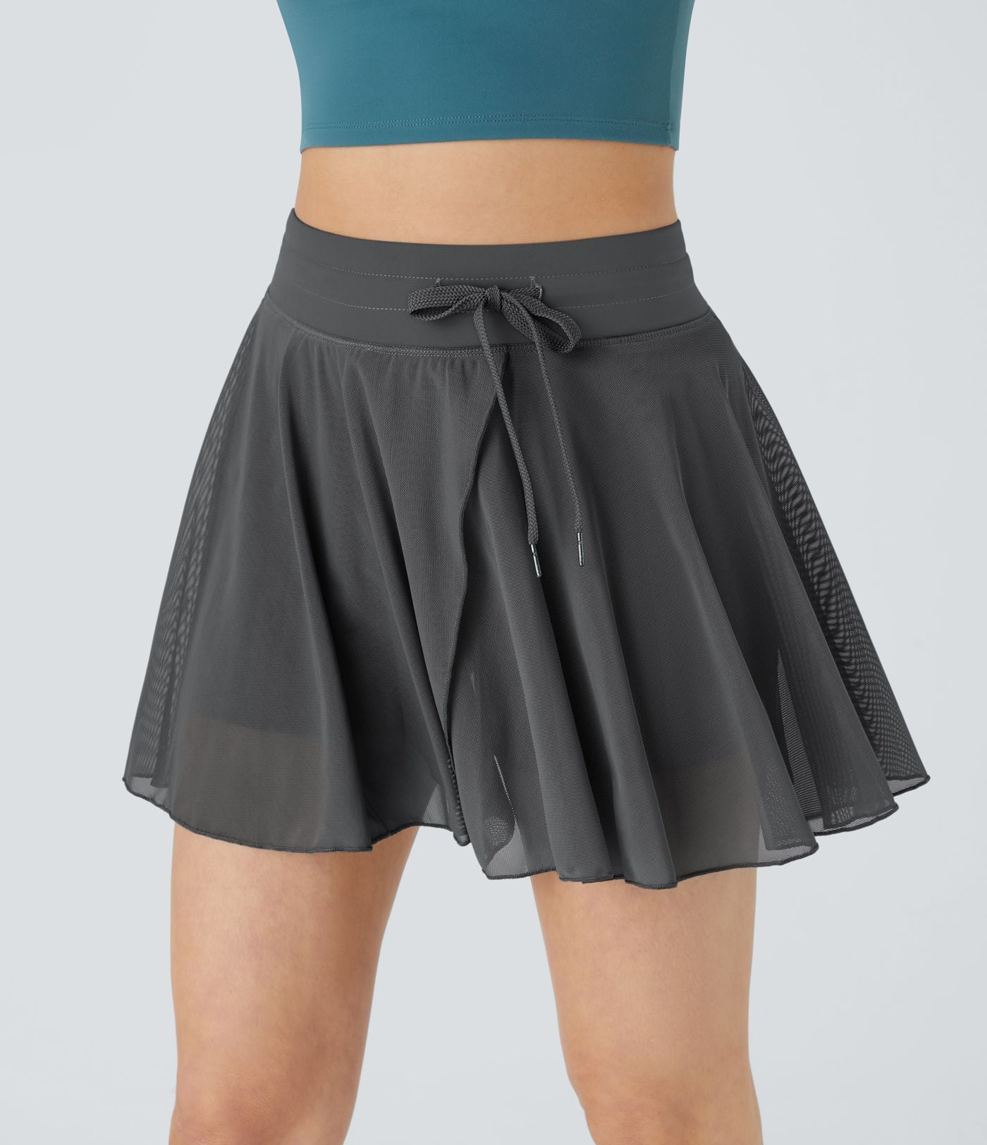 Jupe Casual Évasée Fluide 2 en 1 en Maille Contrastée Taille Haute Cordon de Serrage Poche Latérale