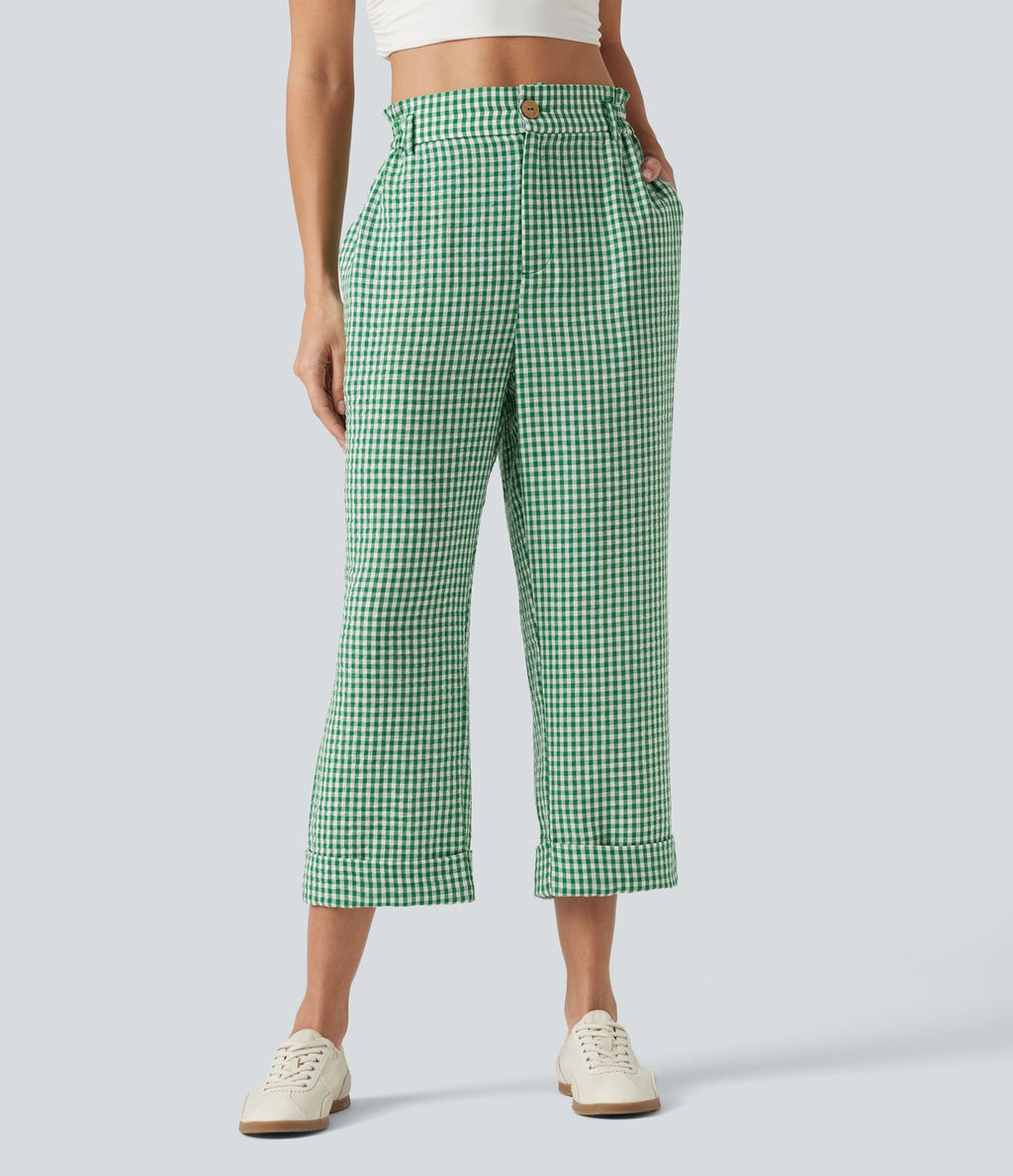 Pantalon 7/8 décontracté aspect lin à carreaux taille haute avec poches