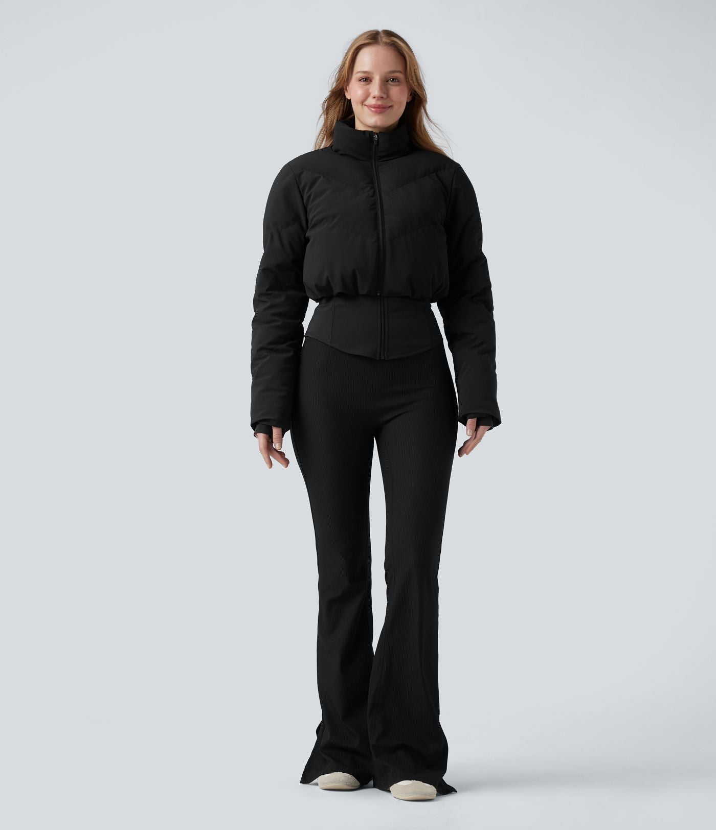 PuffFlex Manteau doudoune 3-en-1 court casual à col montant et veste à ourlet arrondi avec passants pouces et poche