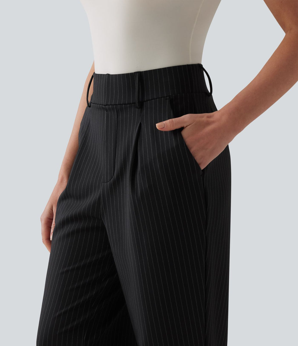 Pantalon tailleur fuselé 7/8 taille haute à rayures avec poches