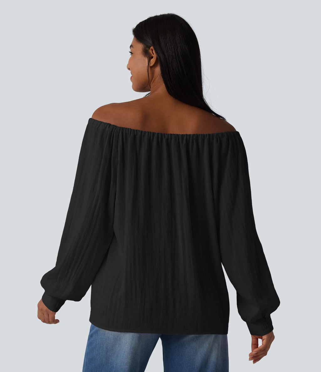 Blouse casual oversize aspect lin à épaules dénudées, lien noué et manches longues