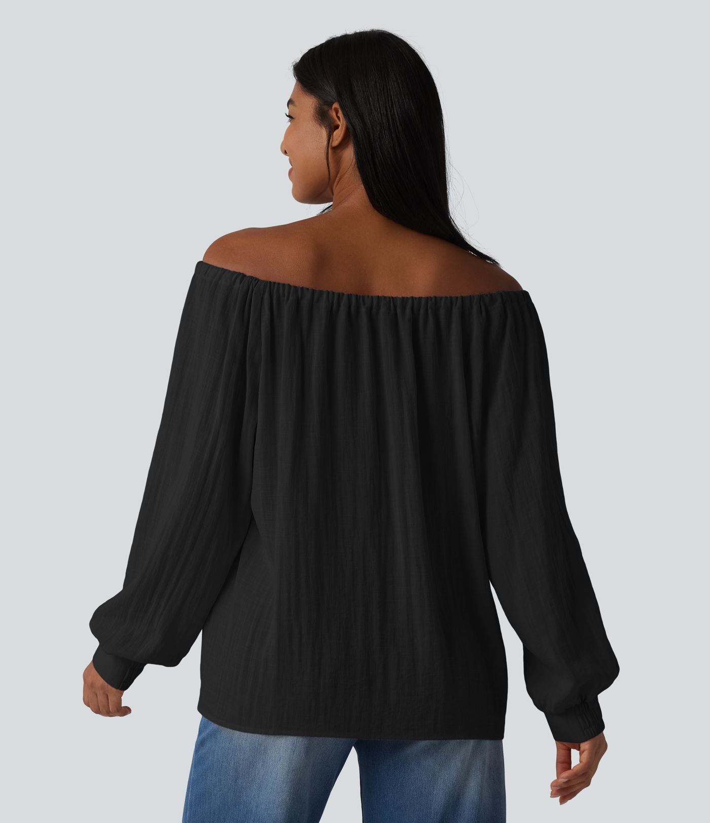 Blouse casual oversize aspect lin à épaules dénudées, lien noué et manches longues
