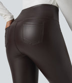 Legging corsaire casual ventre plat taille haute extensible en simili cuir avec poches