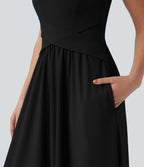 Robe maxi fluide dos nu, avec brassière intégrée et poches