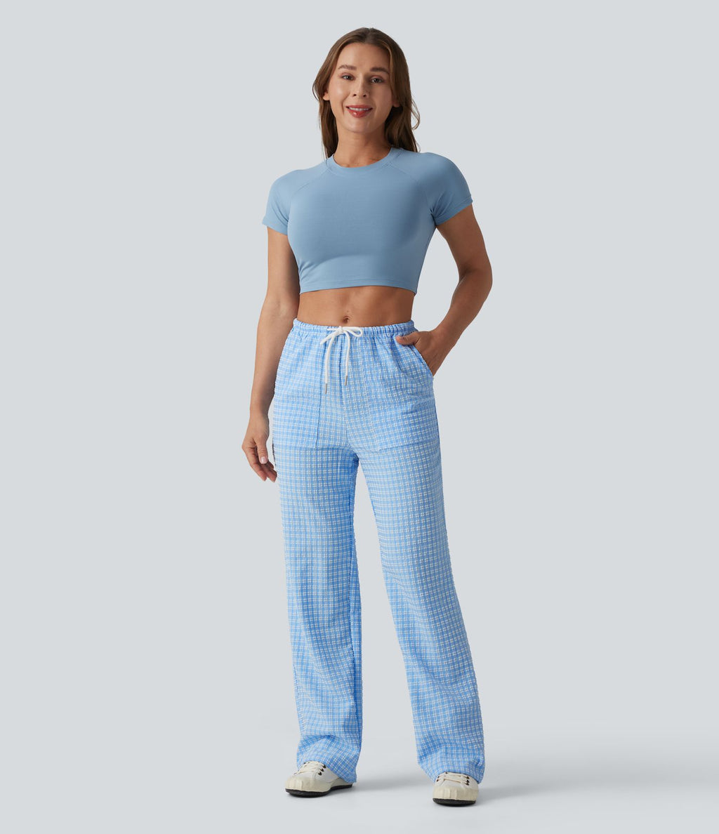 Pantalon casual coupe droite taille mi-haute vichy à cordon de serrage avec poches