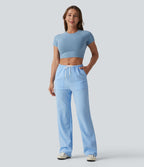 Pantalon casual coupe droite taille mi-haute vichy à cordon de serrage avec poches