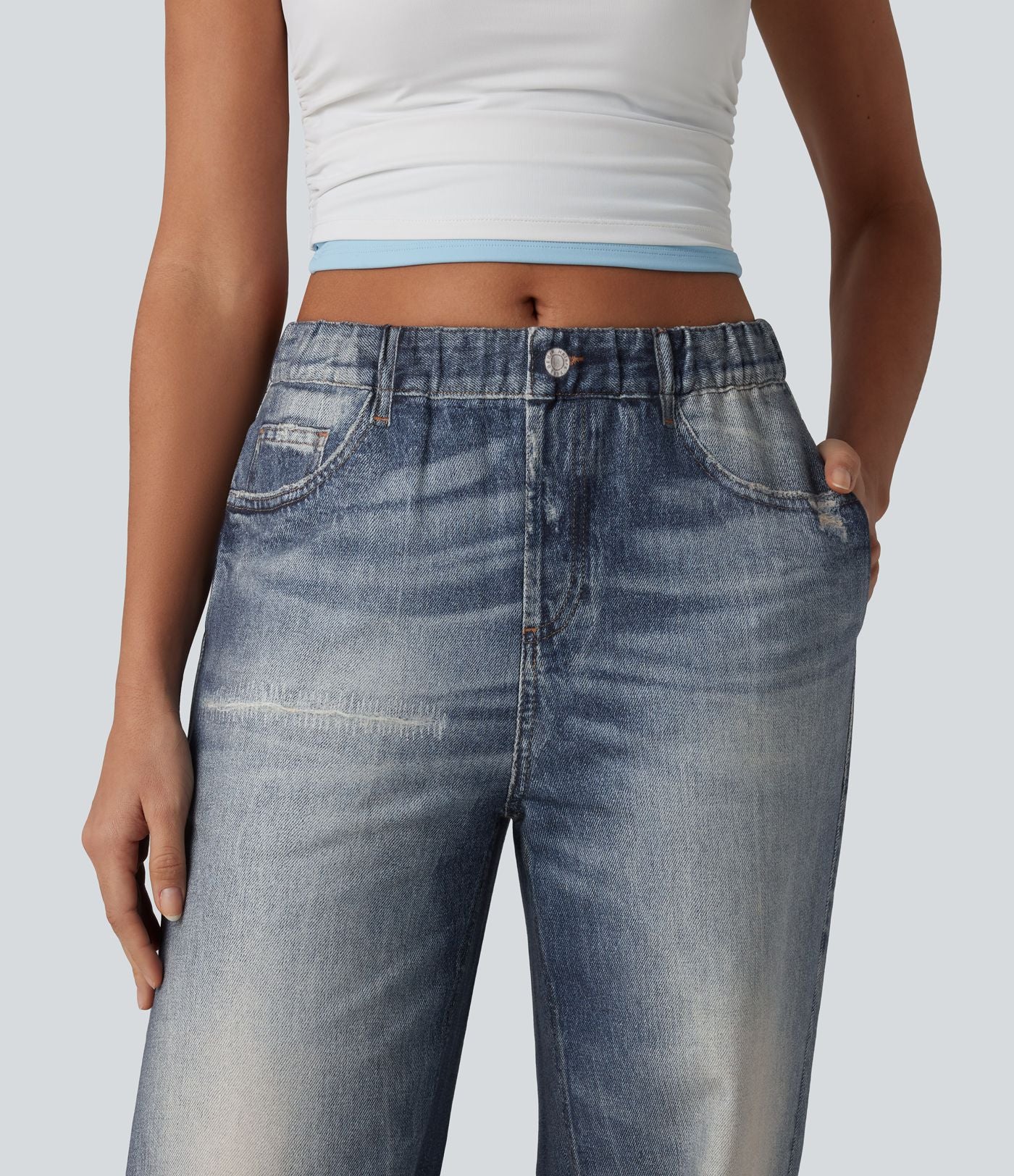 Jogging jean décontracté en molleton French Terry imprimé denim taille mi-haute avec poches