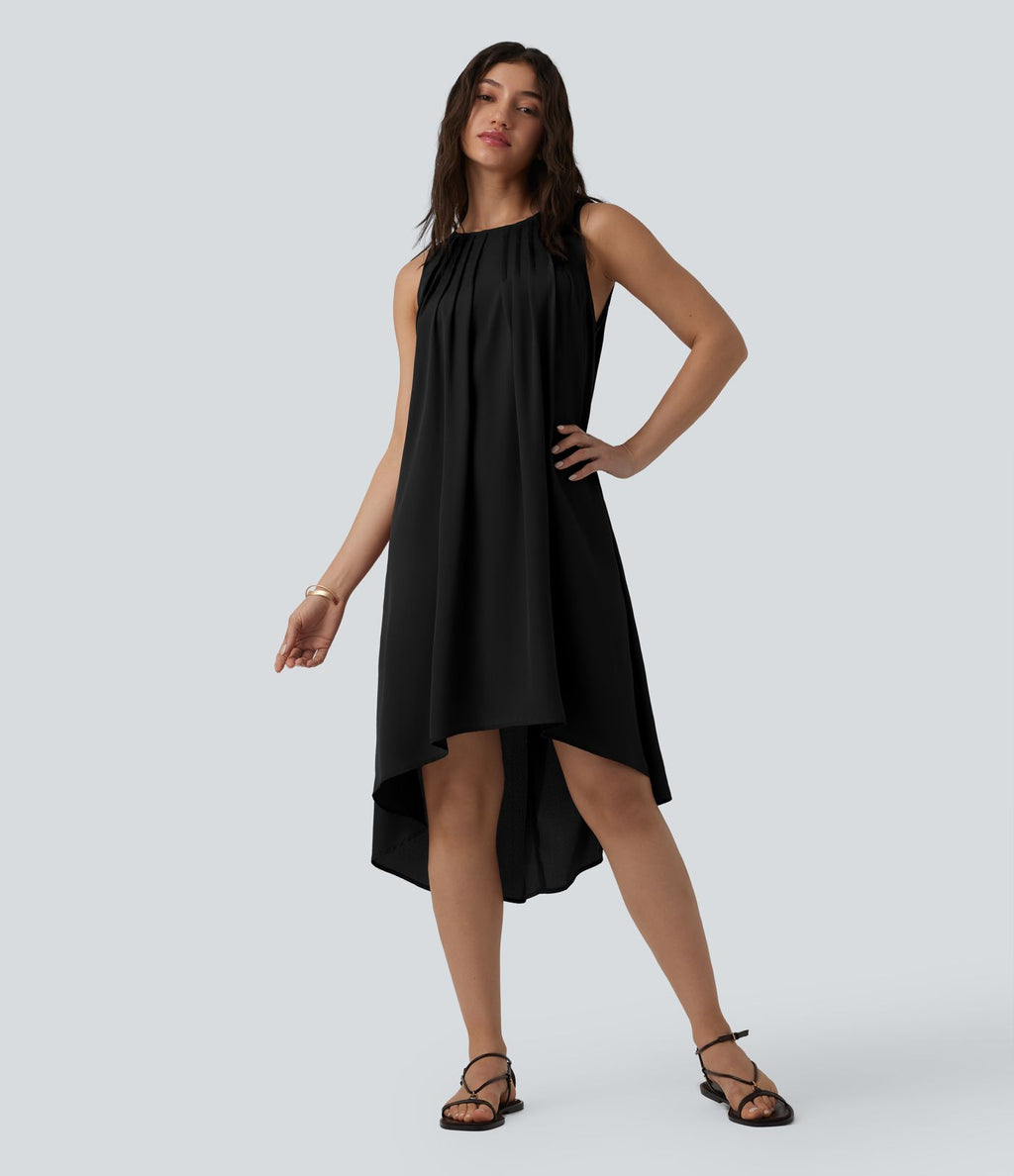 Robe fluide décontractée col rond sans manches plissée asymétrique
