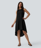 Robe fluide décontractée col rond sans manches plissée asymétrique