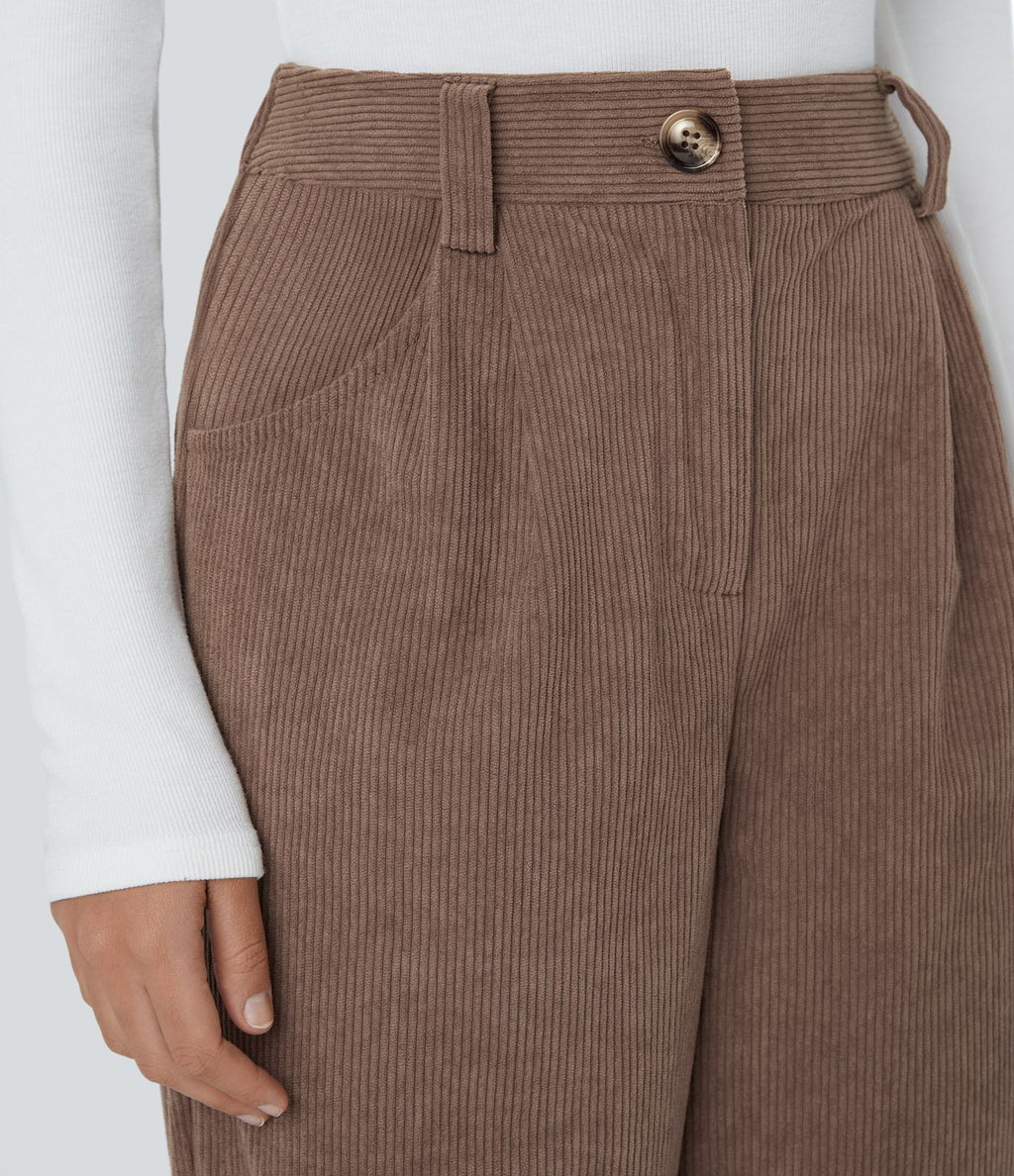Pantalon décontracté en velours côtelé, taille haute, avec poche zippée