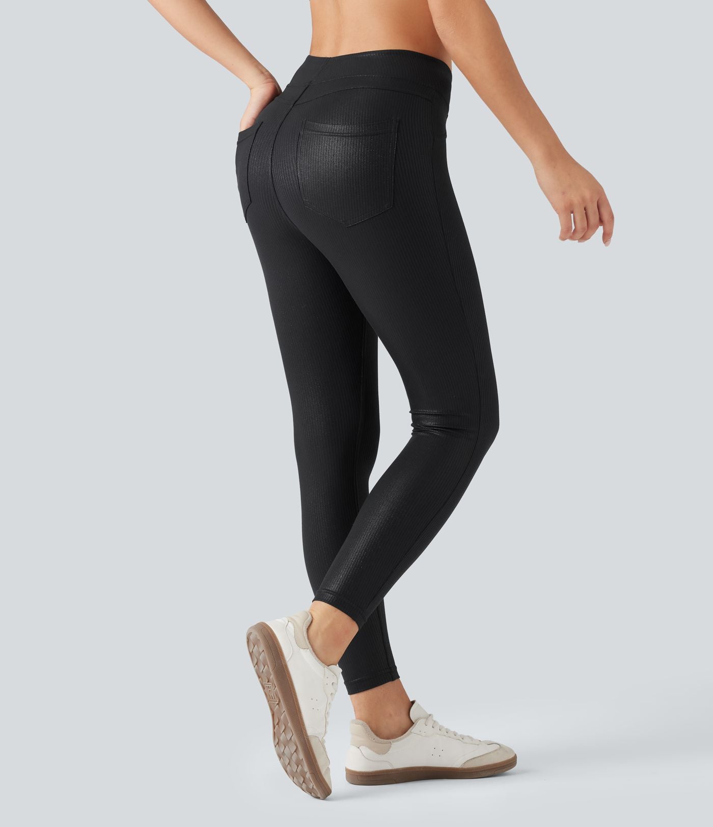 Leggings de yoga taille haute en maille côtelée avec imprimé métallisé et poches