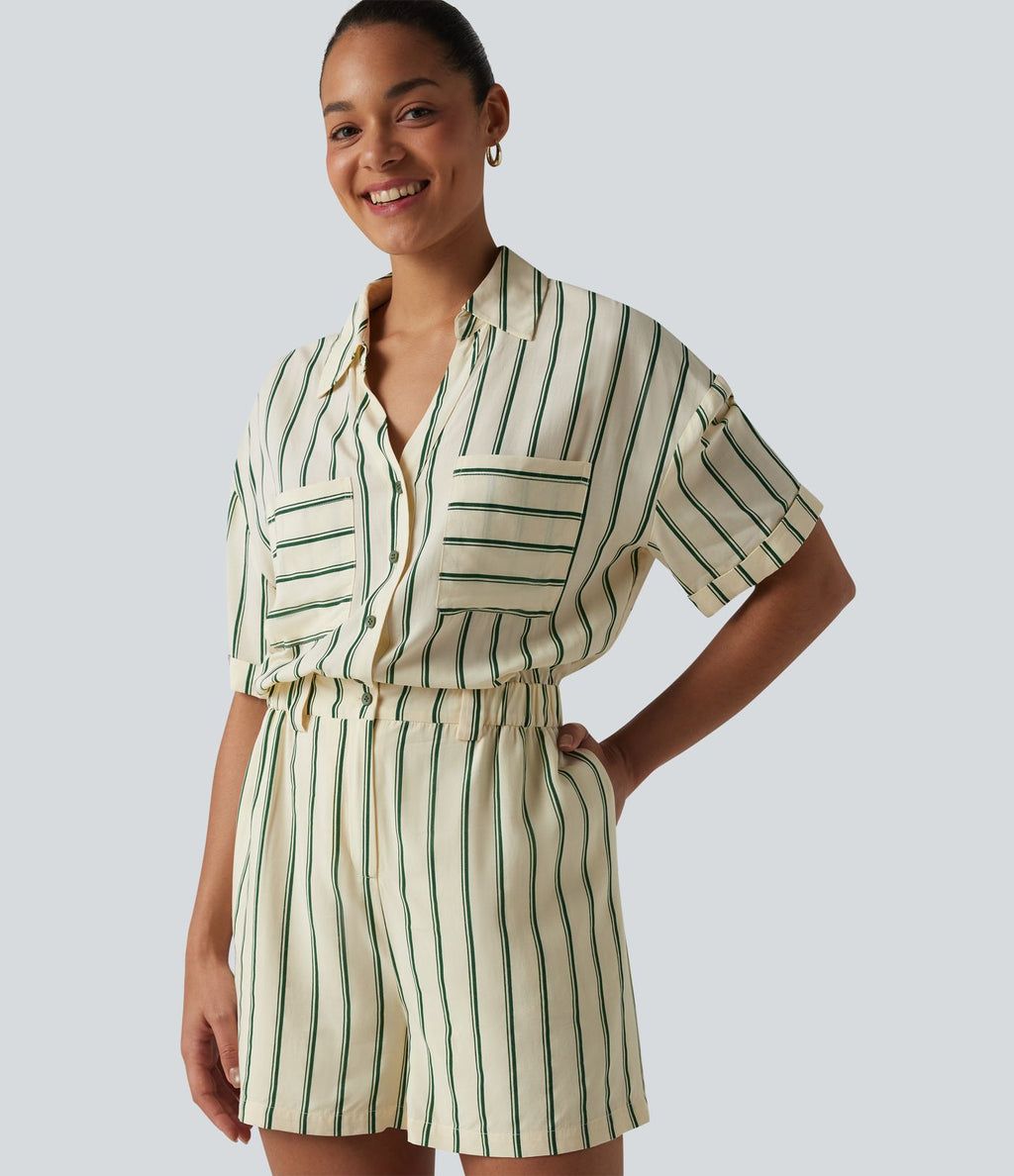 Combinaison-chemise décontractée rayée à manches courtes avec poches