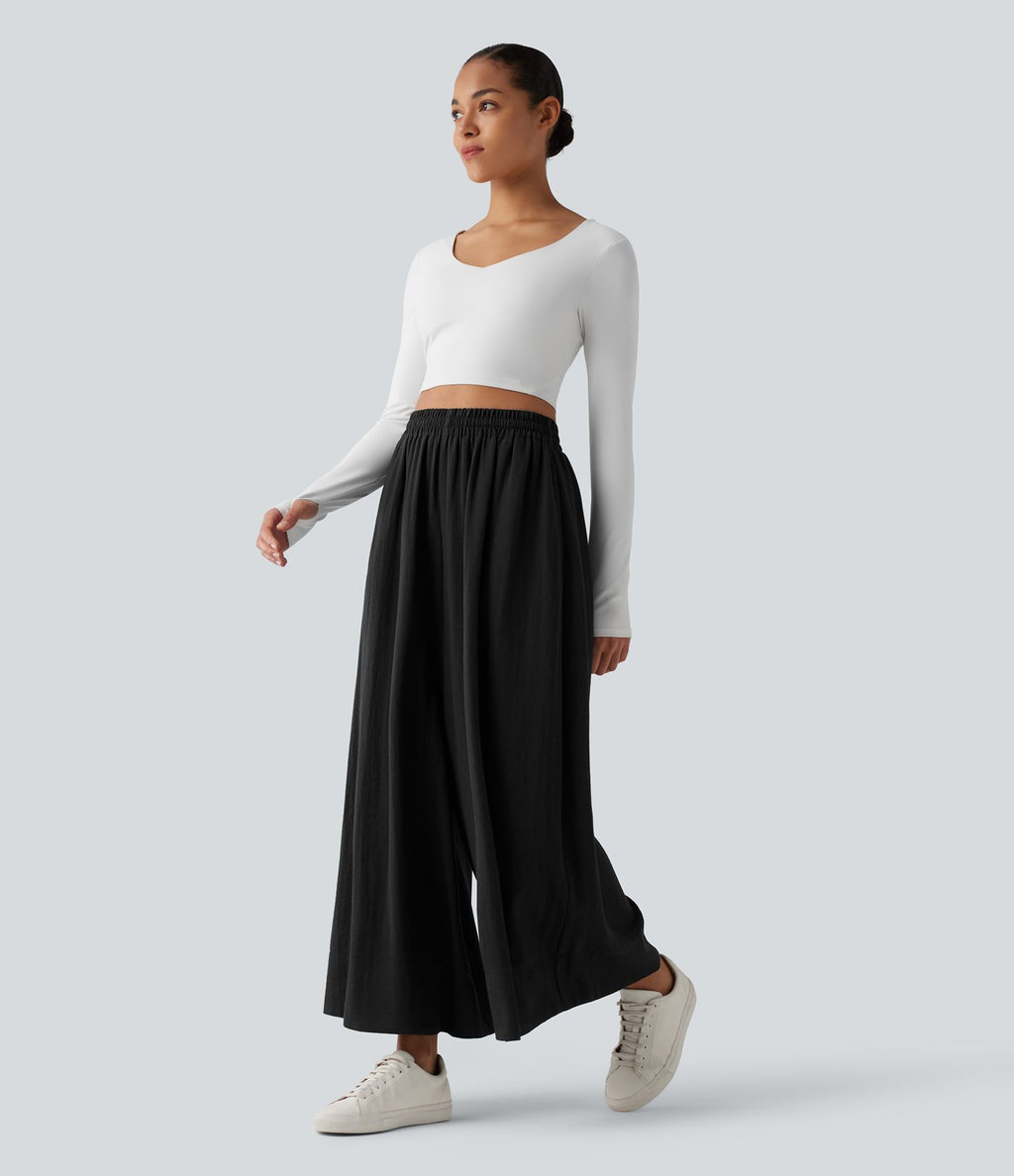 Pantalon large fluide décontracté taille haute avec cordon de serrage intérieur avec poches