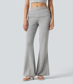 Pantalon décontracté évasé à taille mi-haute en maille côtelée extensible avec poches