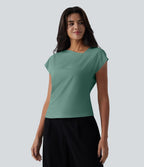 Blouse tailleur asymétrique col drapé manches courtes avec fronces et ourlet fendu