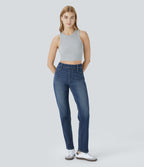 Jean droit Halara Flex™ à taille haute, poches multiples, effet délavé et tissu extensible