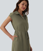 Robe chemise casual mi-longue col manches courtes ceinturée ourlet arrondi avec fente et poches