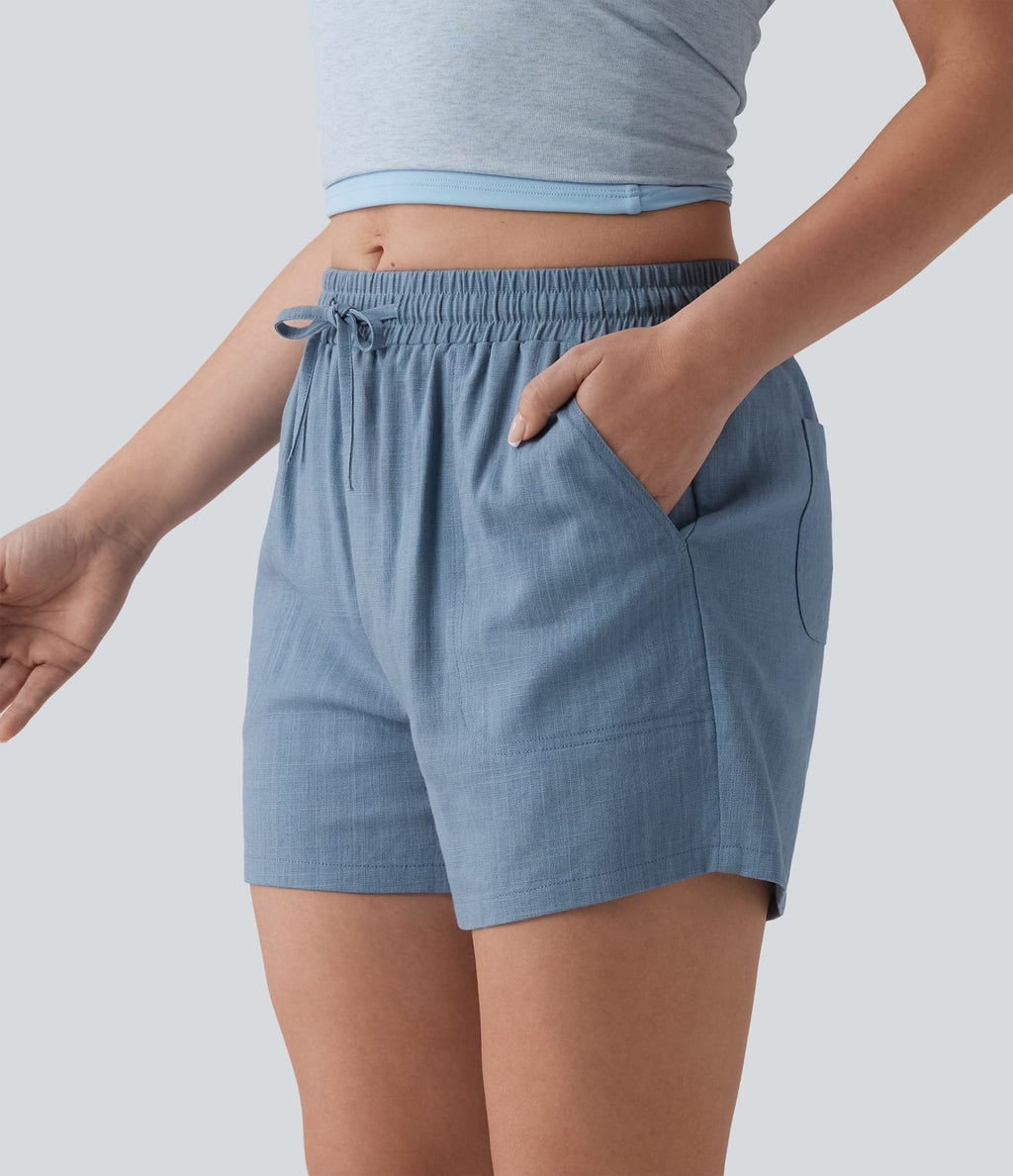 Short casual lin taille mi-haute avec cordon de serrage et poches